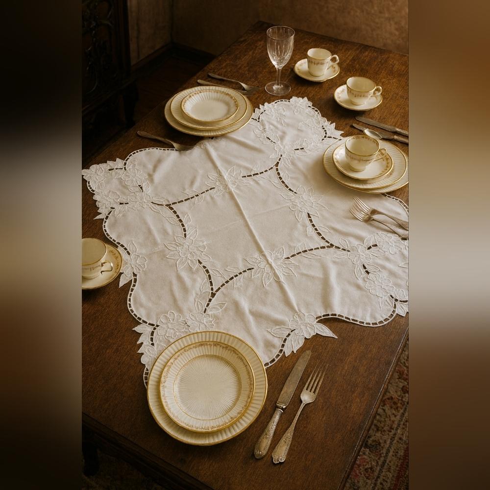 Vintage Embroidered Cutwork Table Centerpiece – Elegant White Floral Motif